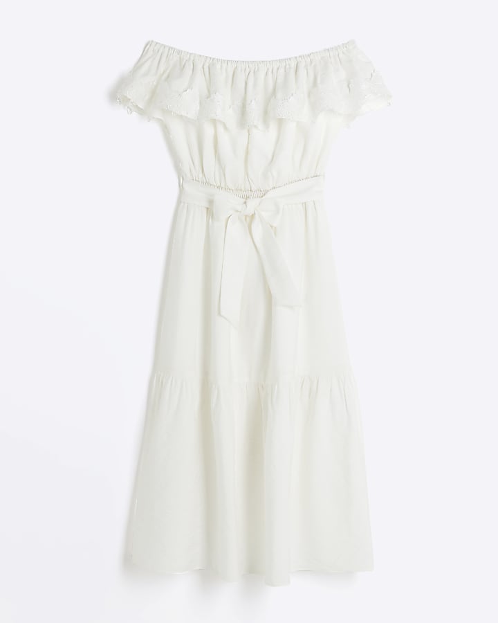 Girls white lace trim bardot maxi dress