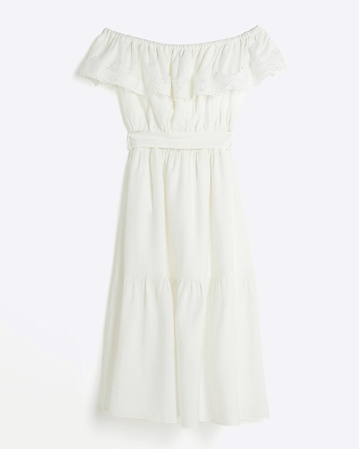 Girls white lace trim bardot maxi dress