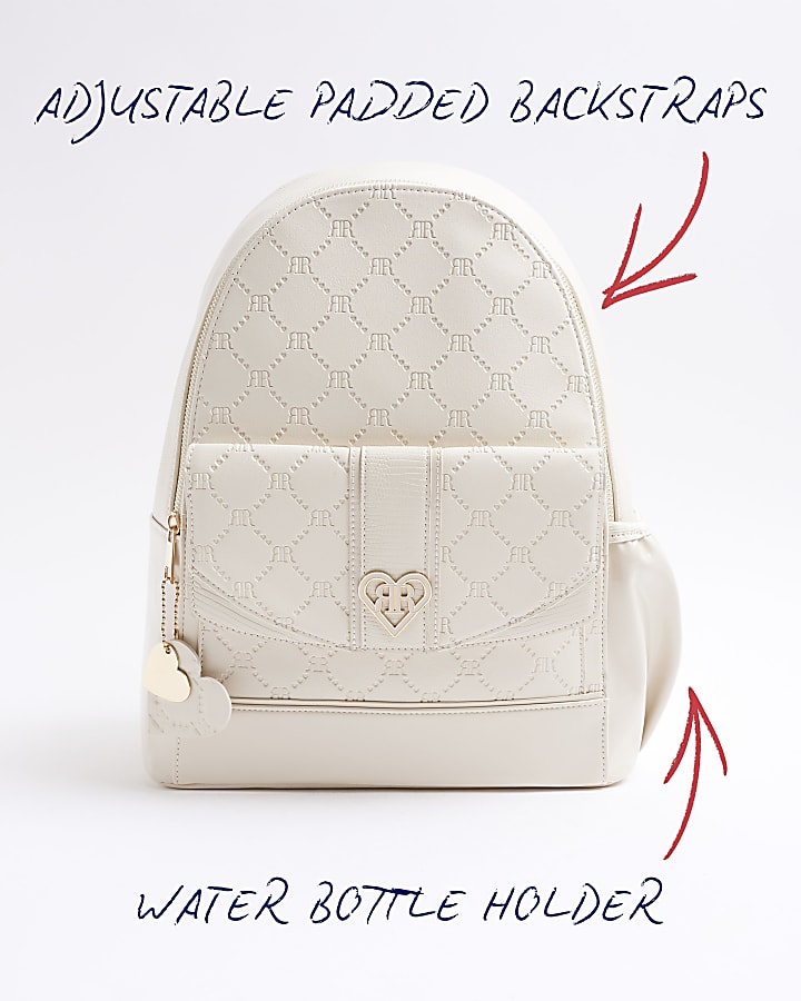 Girls cream embossed monogram backpack