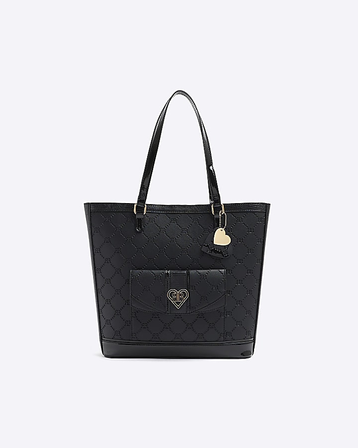 Girls black embossed pocket shopper bag