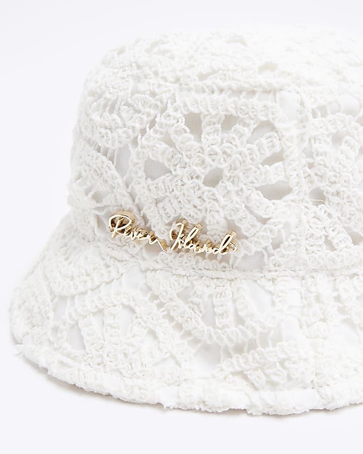 Girls cream crochet bucket hat