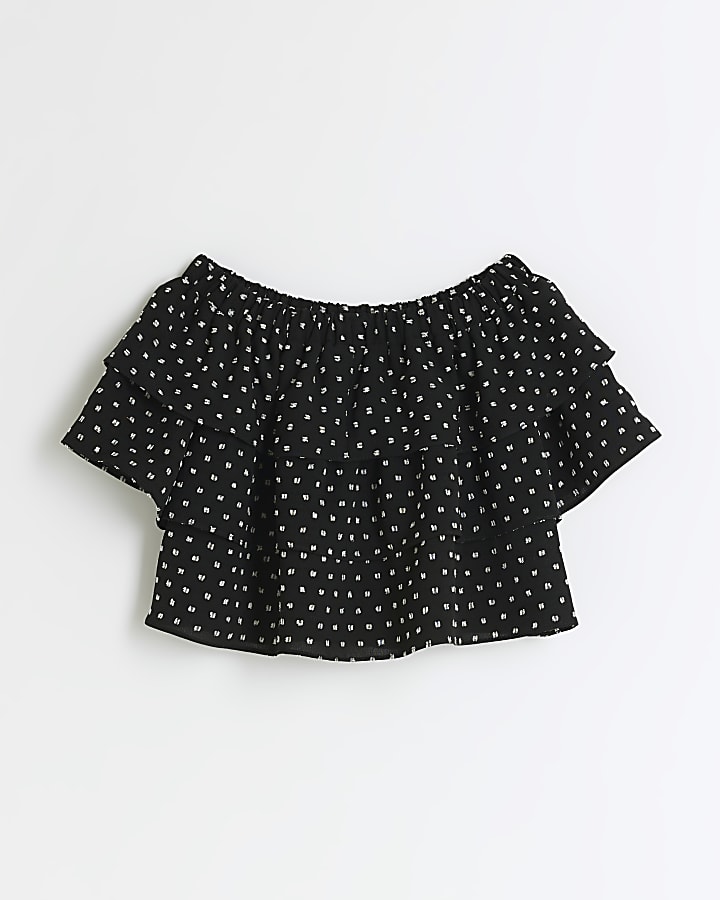 Girls black jacquard bardot top