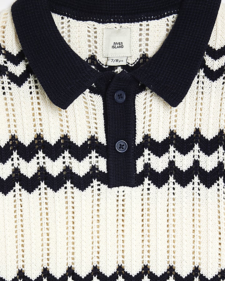 Boys ecru stripe crochet polo shirt