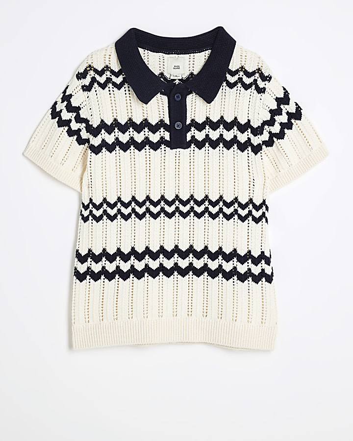 Boys ecru stripe crochet polo shirt