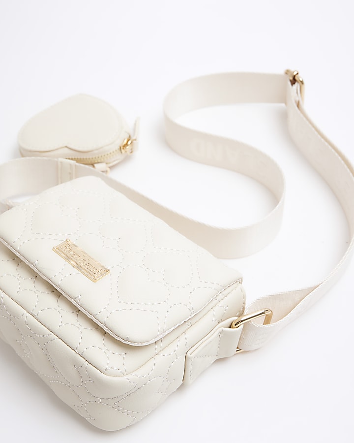 Girls cream heart quilted cross body bag