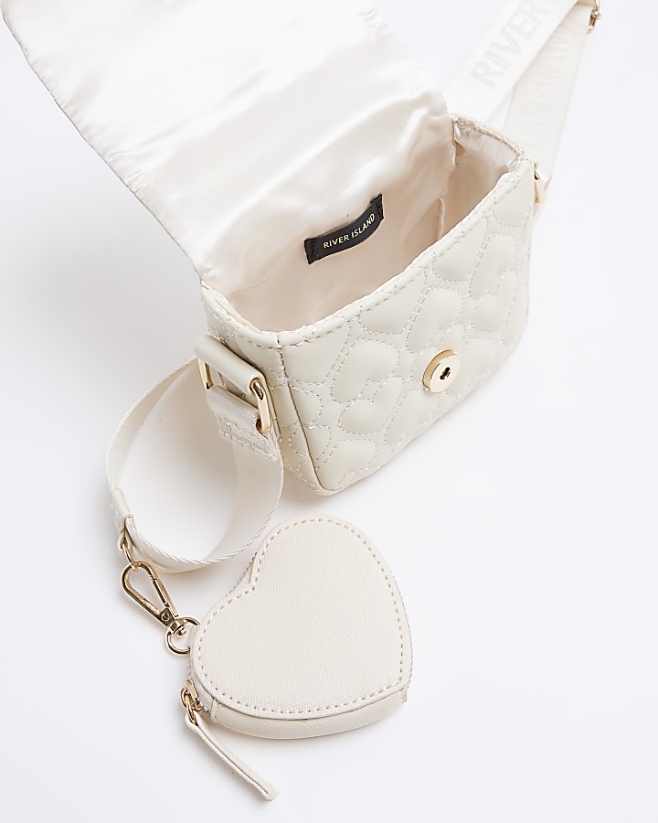 Girls cream heart quilted cross body bag