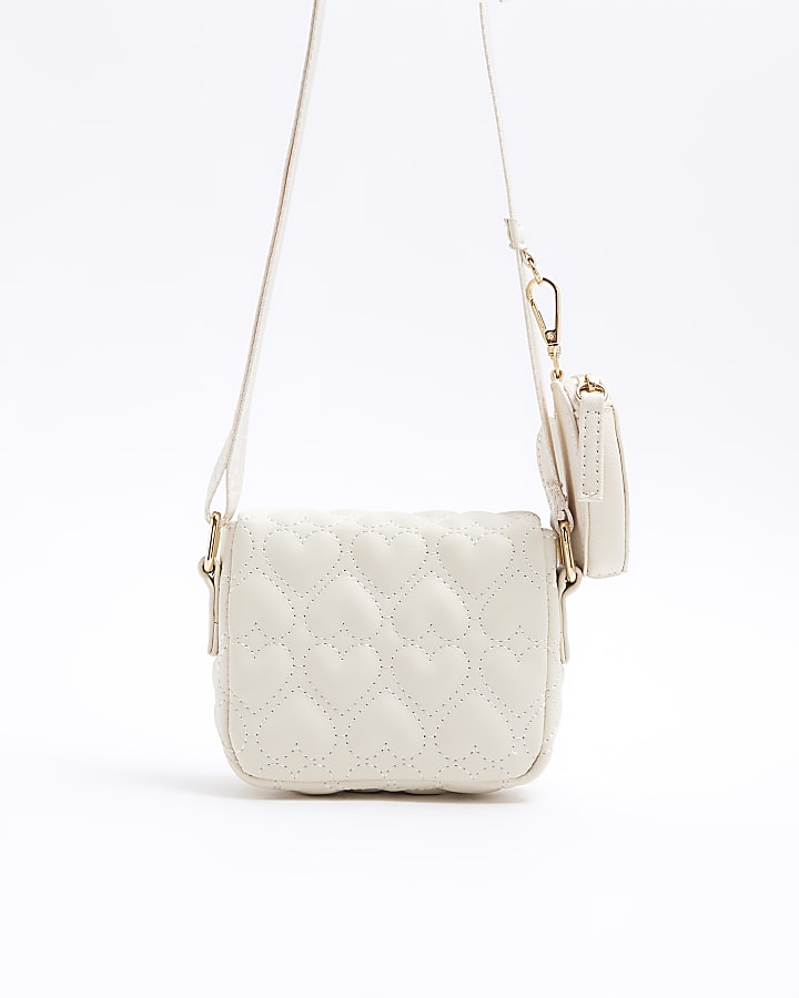 Girls cream heart quilted cross body bag