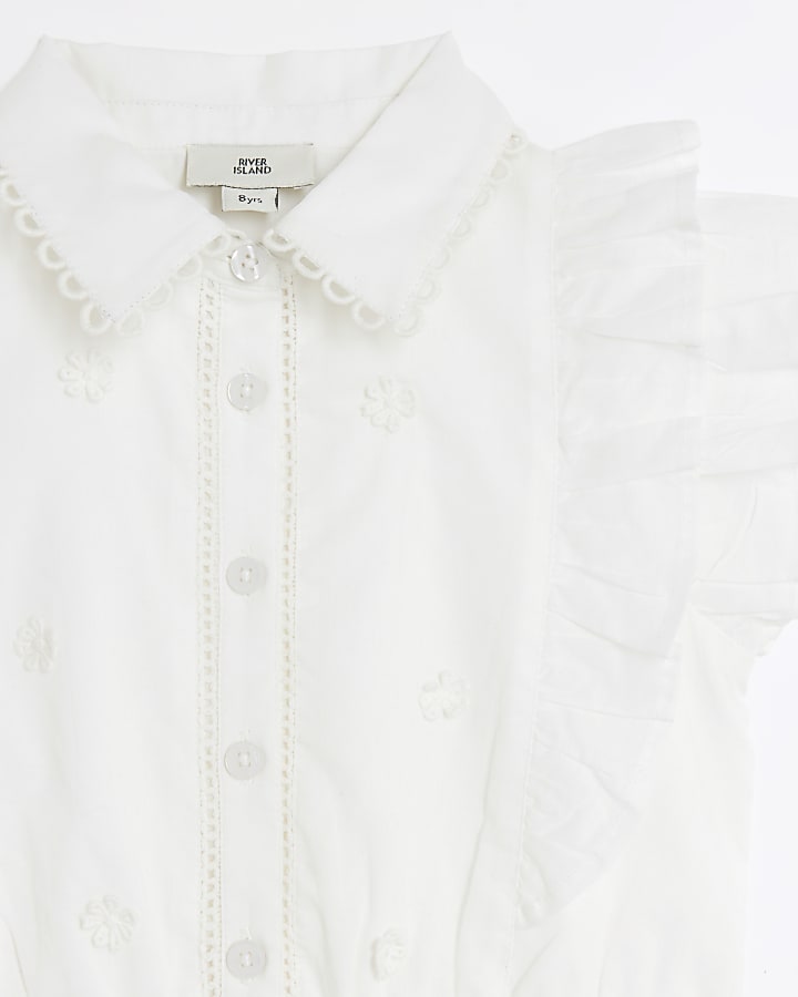 Girls white frill embroidered shirt dress