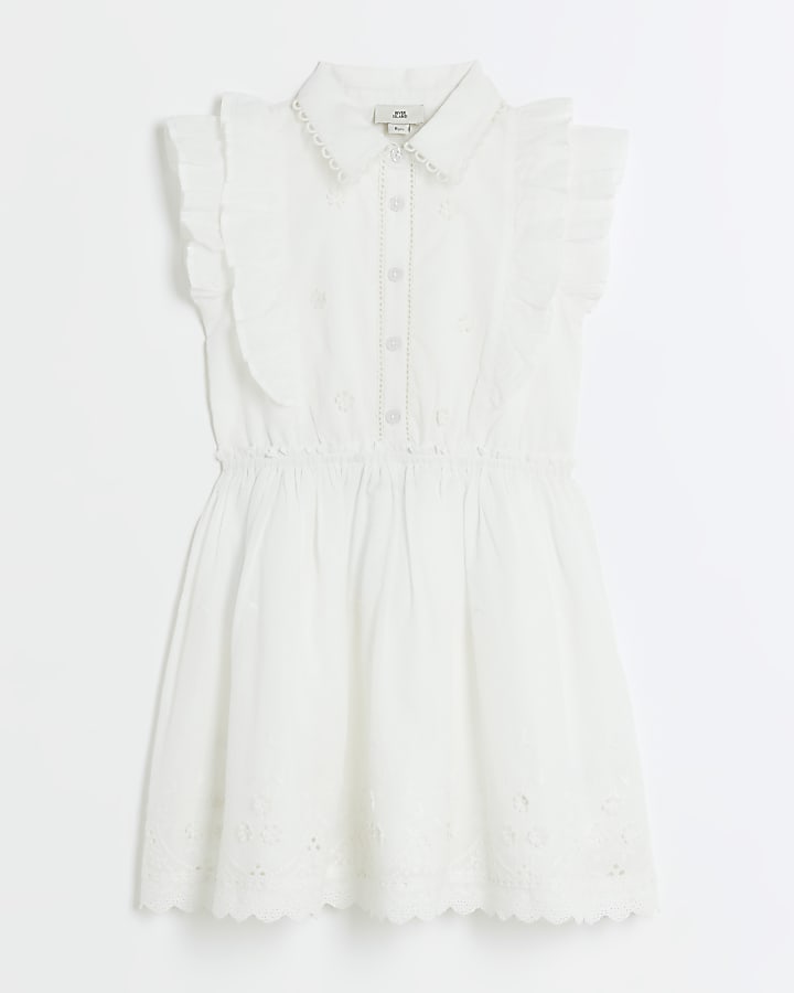 Girls white frill embroidered shirt dress