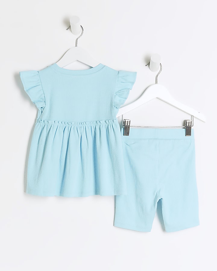 Mini girls blue ribbed peplum t-shirt set