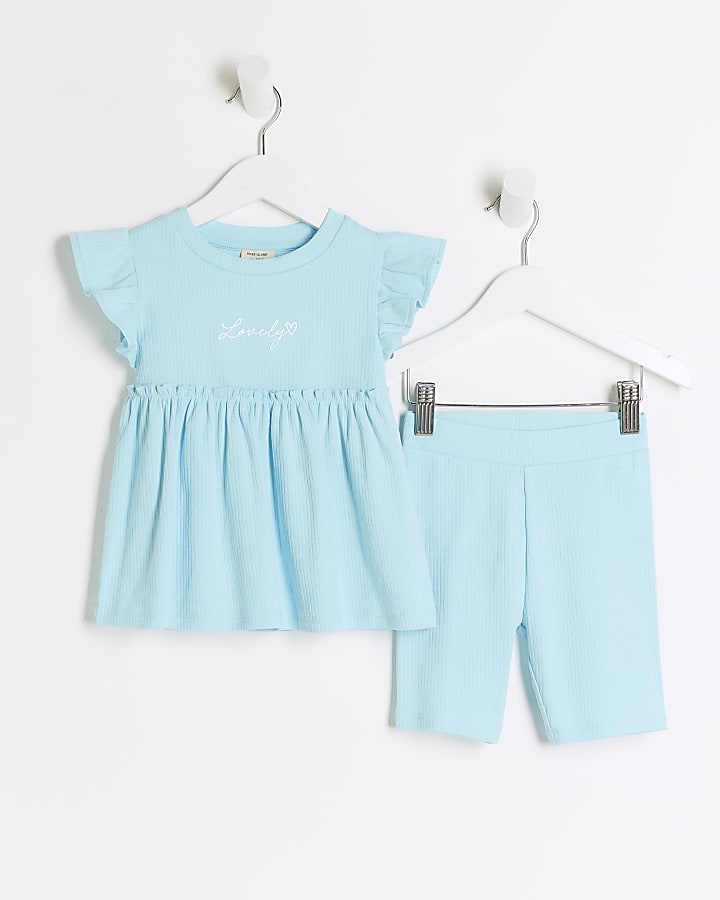 Mini girls blue ribbed peplum t-shirt set