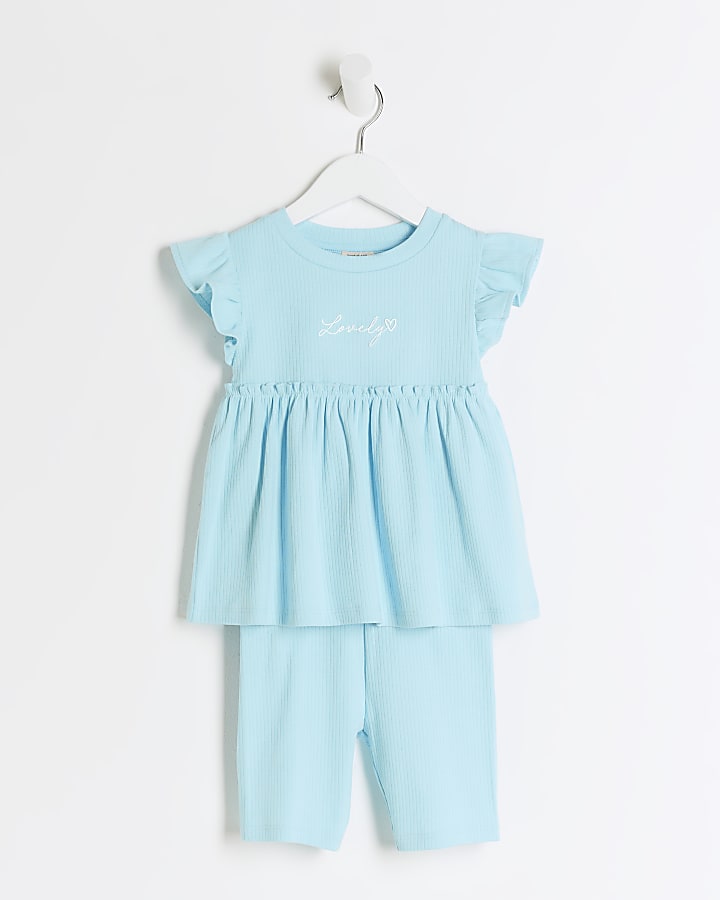 Mini girls blue ribbed peplum t-shirt set