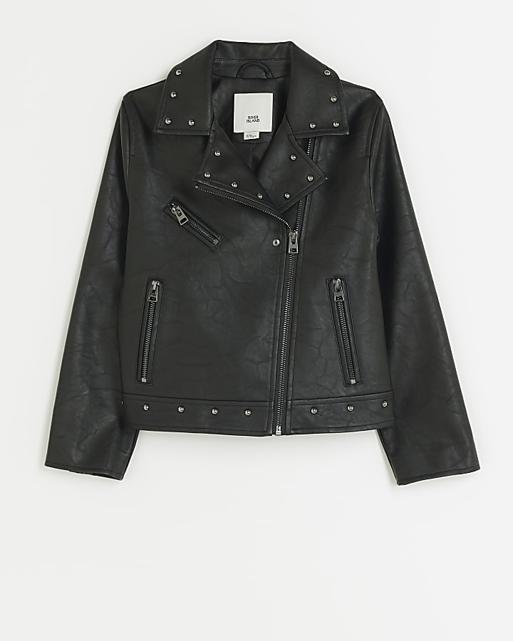 Girls black faux leather studded biker jacket