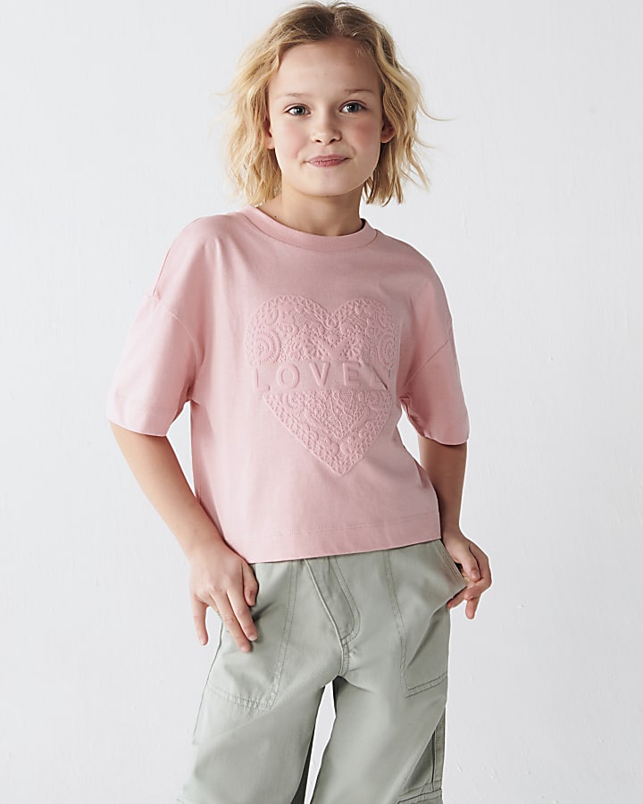 Girls coral embossed heart t-shirt