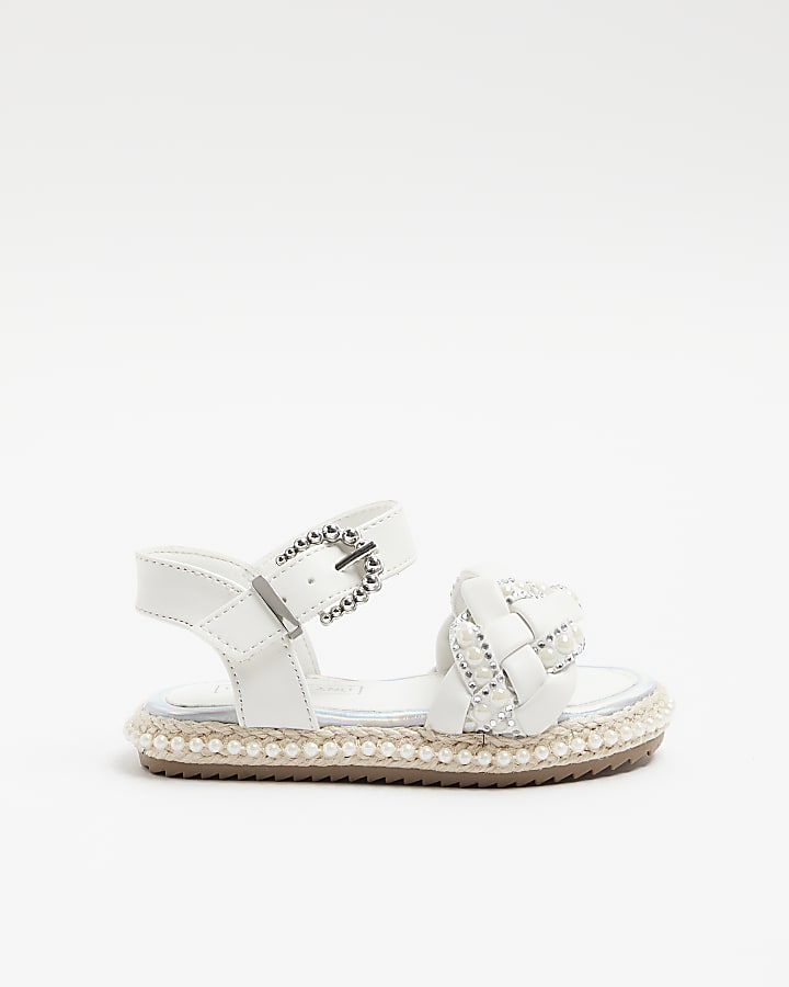 Mini girls white pearl espadrille sandals River Island