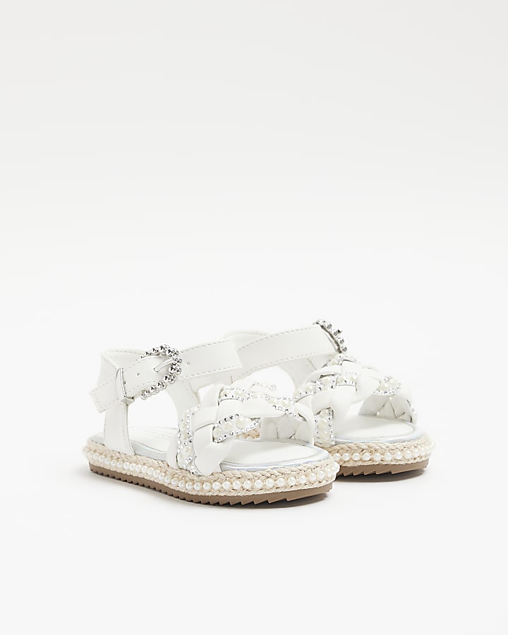 Mini girls white pearl espadrille sandals