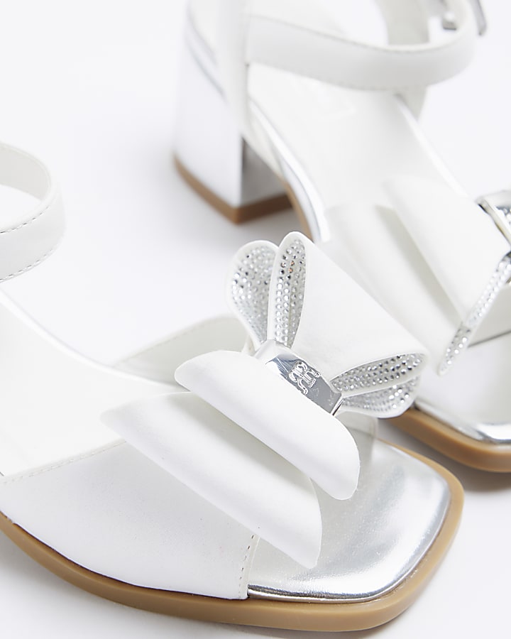 Girls white diamante bow heel sandals