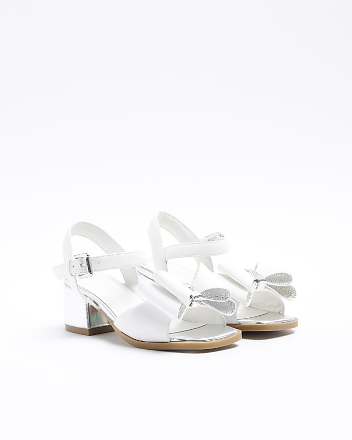 Girls white diamante bow heel sandals