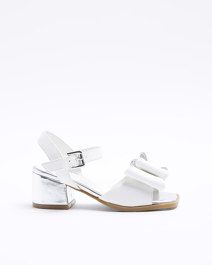 Girls white diamante bow heel sandals River Island