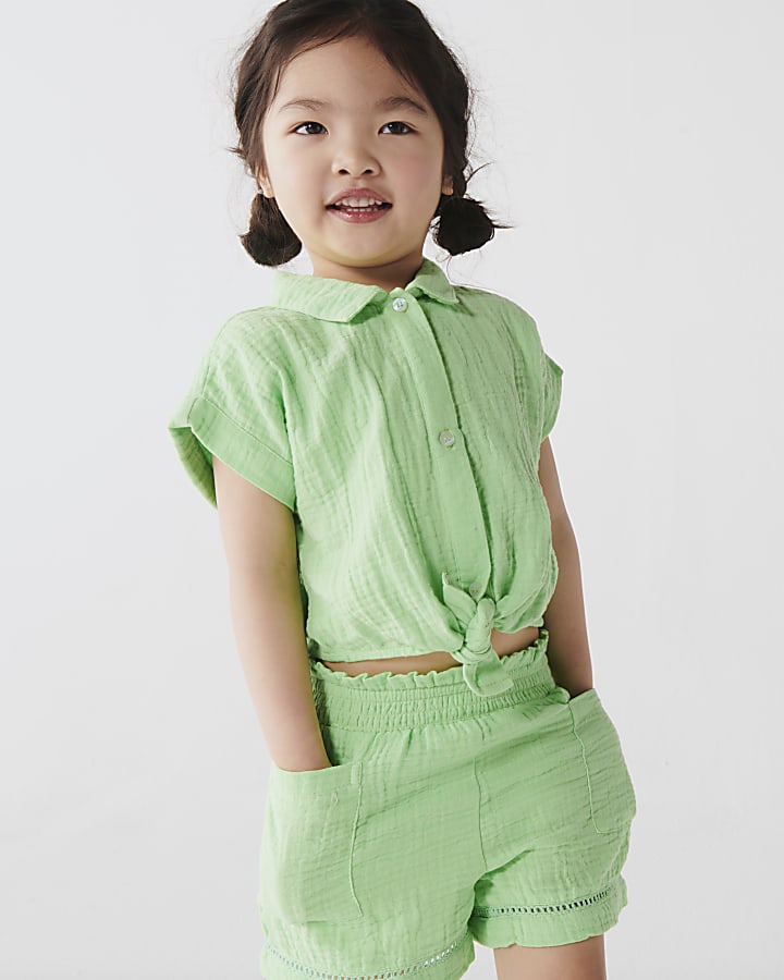 Mini Girls Green Textured Tie up top Set