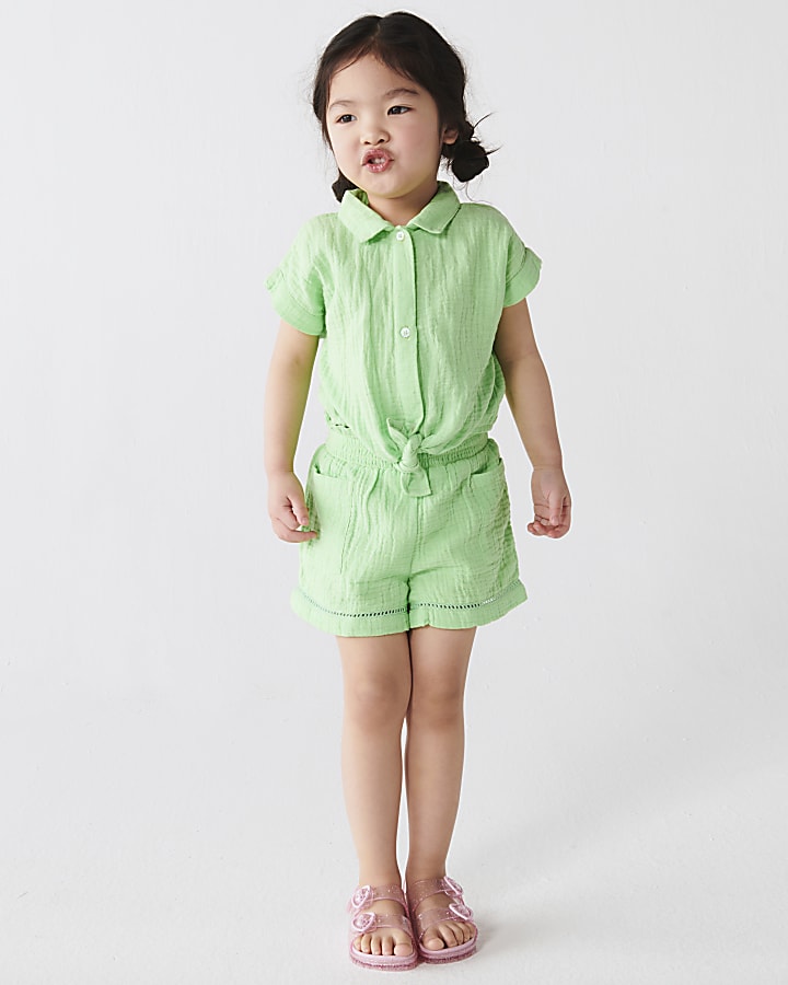 Mini Girls Green Textured Tie up top Set