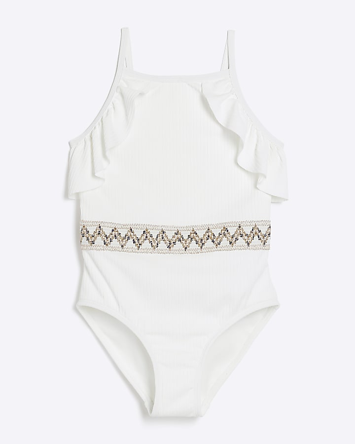 Girls white frill zig zag elastic swimsuit