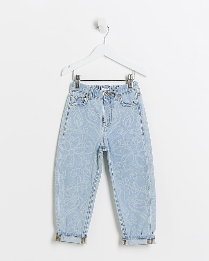 Mini girls blue floral mom jeans