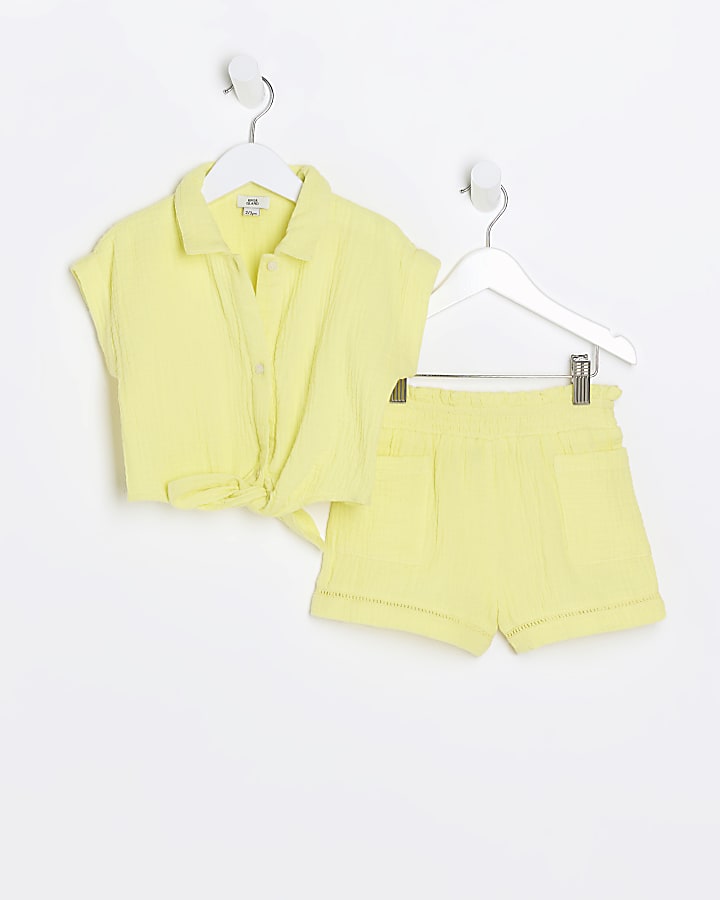 Mini girls yellow textured tie up top set