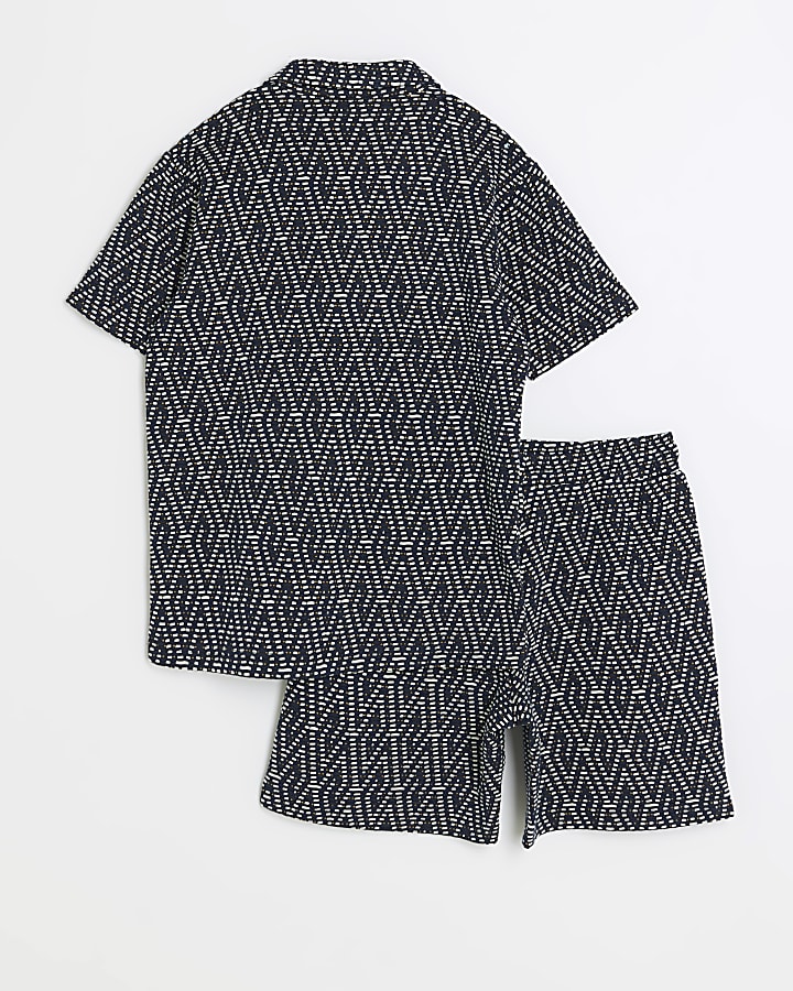 Boys navy textured geometric polo set