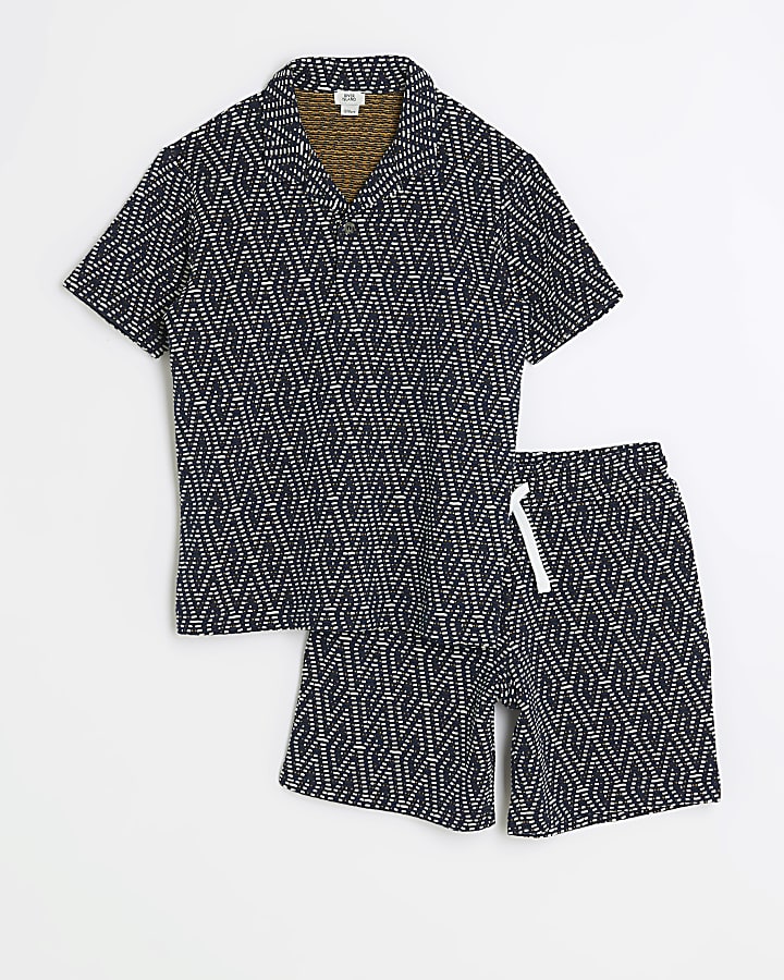 Boys navy textured geometric polo set