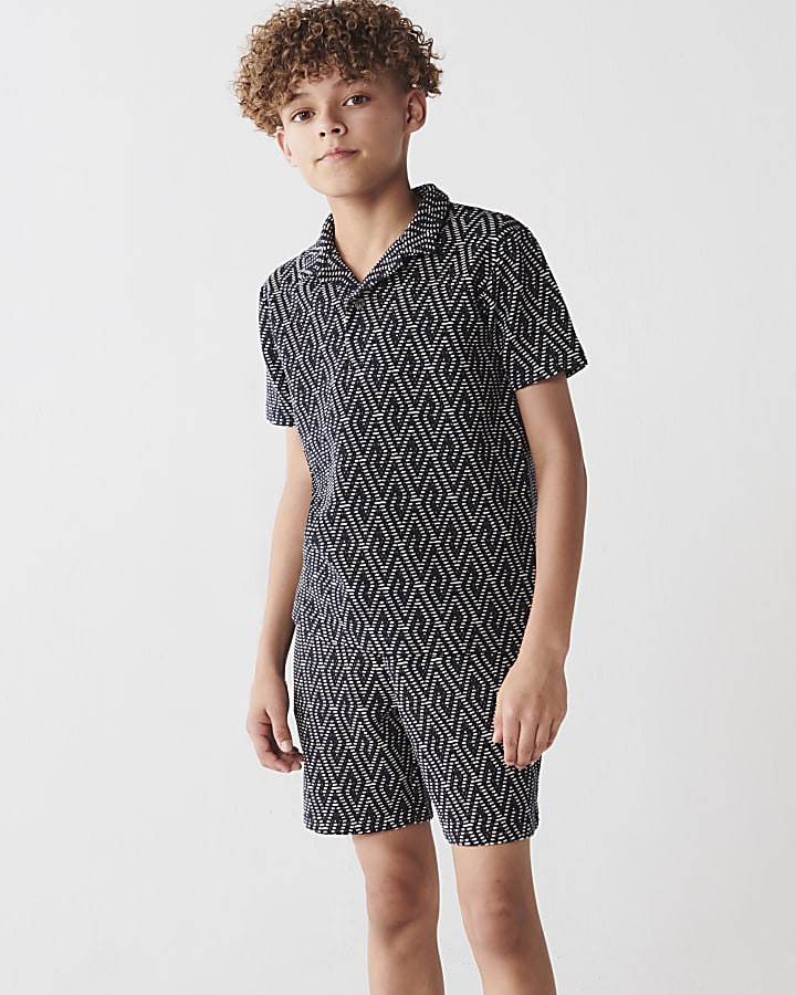 Boys navy textured geometric polo set