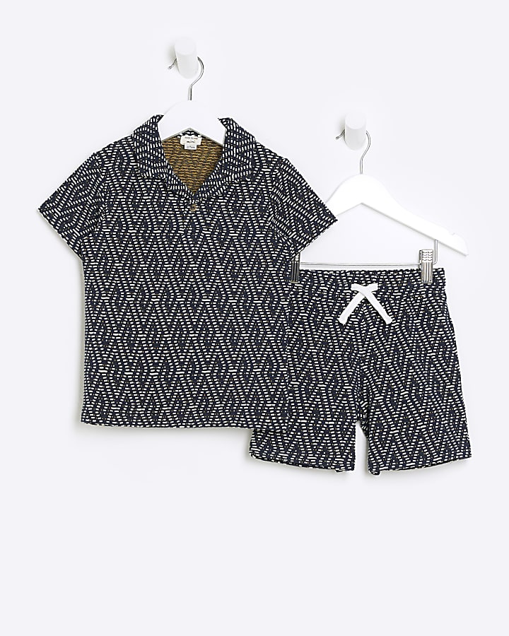 Mini boys navy textured geometric polo set