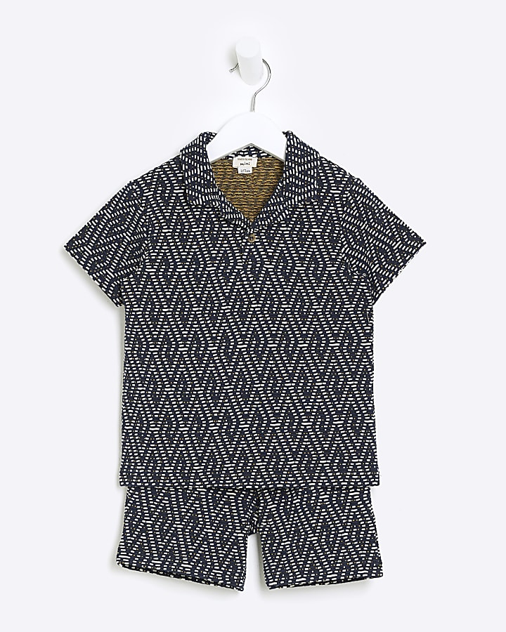 Mini boys navy textured geometric polo set