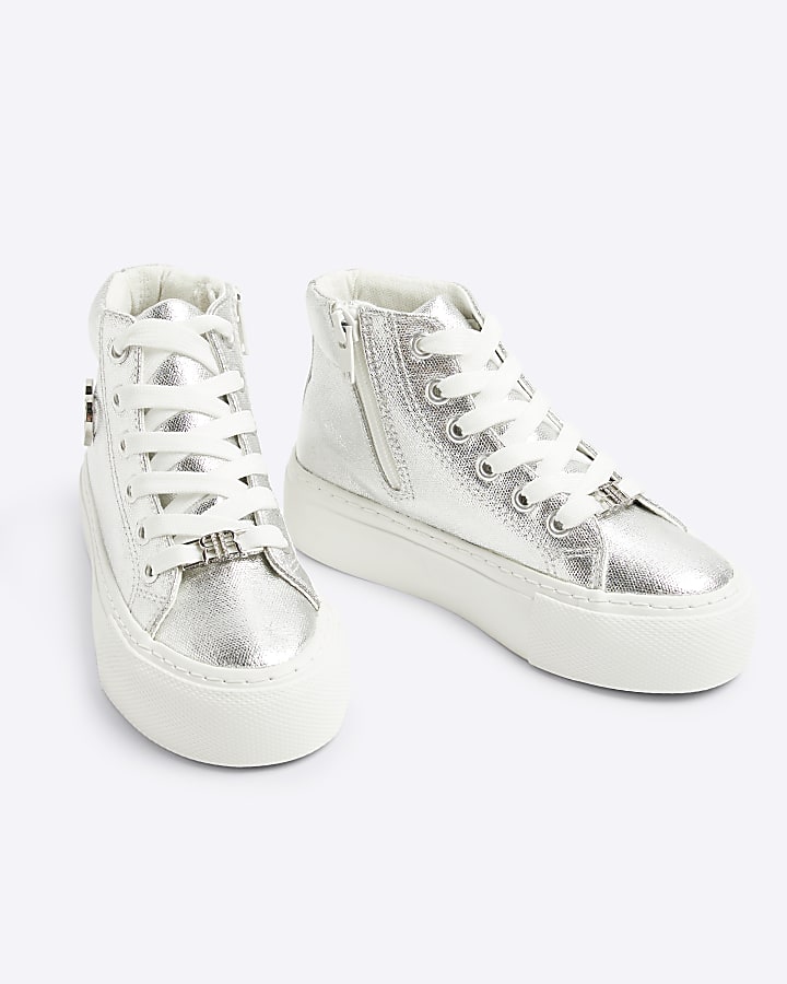 Girls silver metallic platform trainers