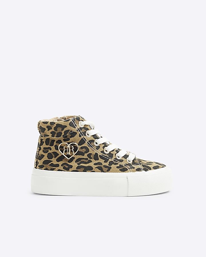 Girls brown canvas leopard platform trainers River Island