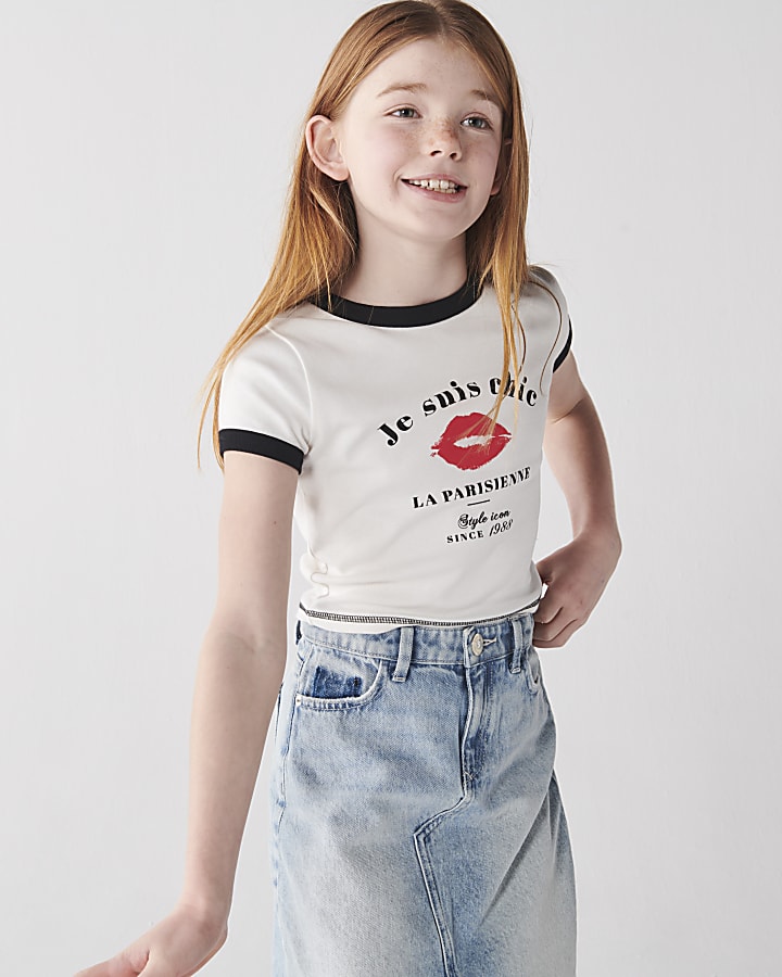 Girls white lips graphic crop t-shirt