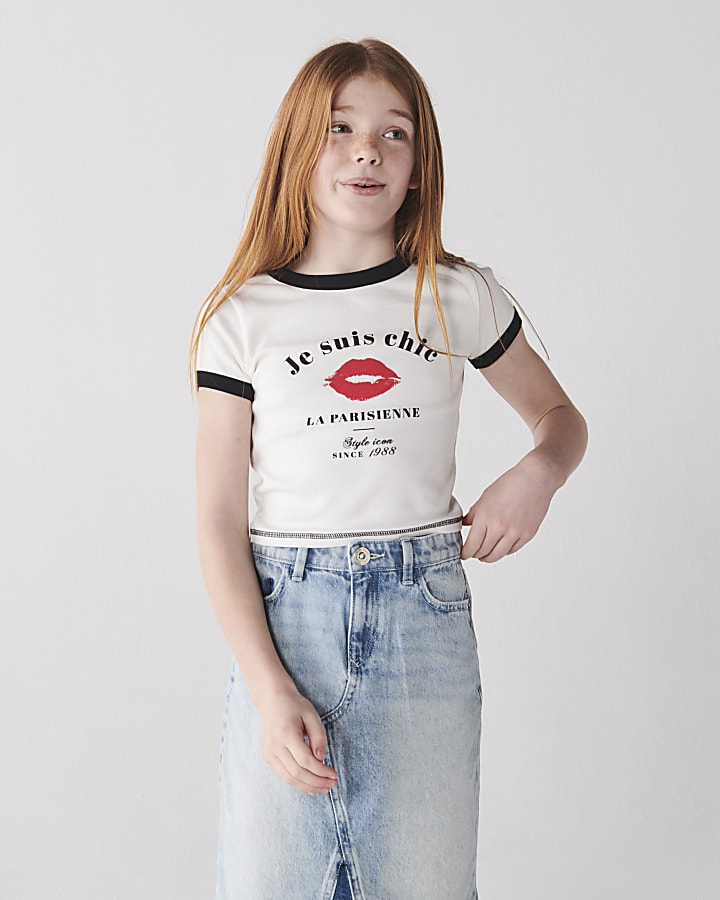 Girls white lips graphic crop t-shirt