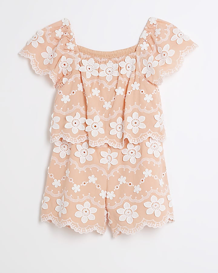 Girls orange peach 3D floral playsuit