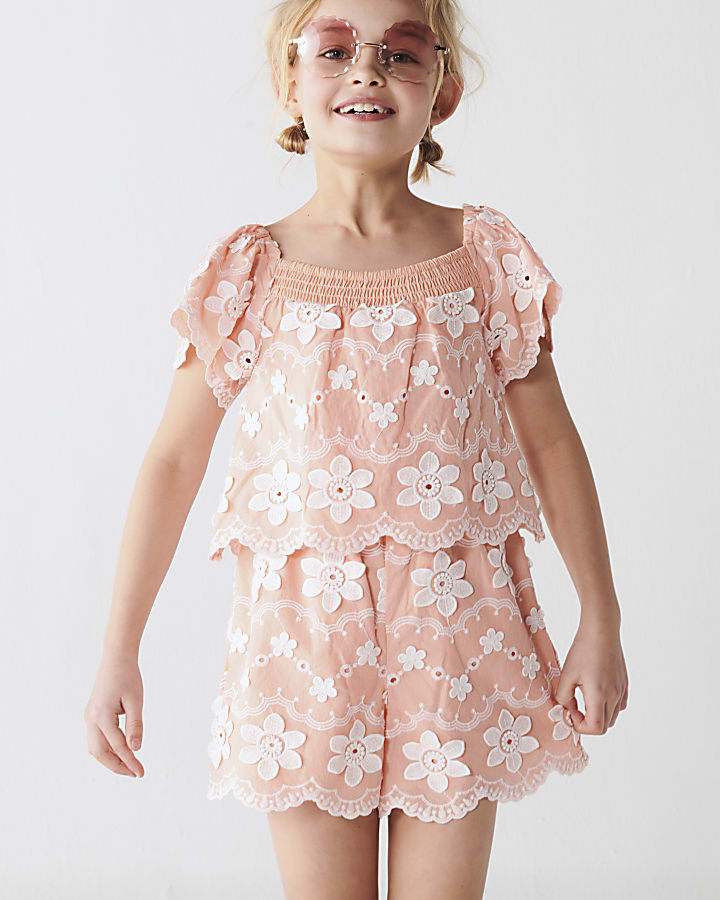 Girls orange peach 3D floral playsuit