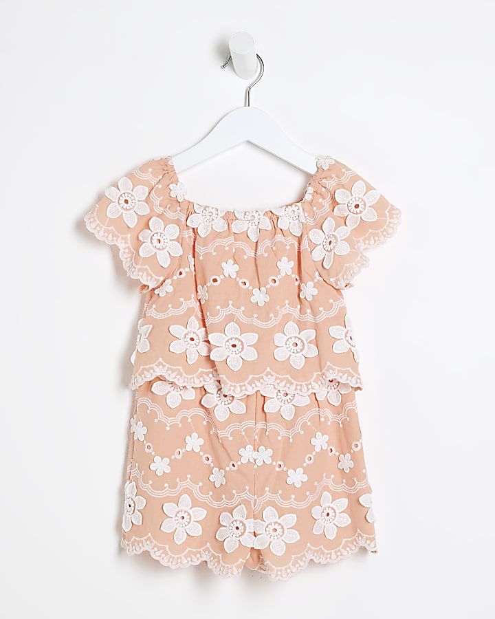 Mini girls orange peach 3D floral playsuit