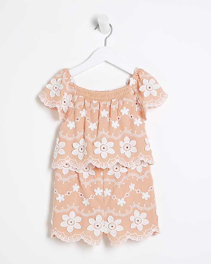 Mini girls orange peach 3D floral playsuit