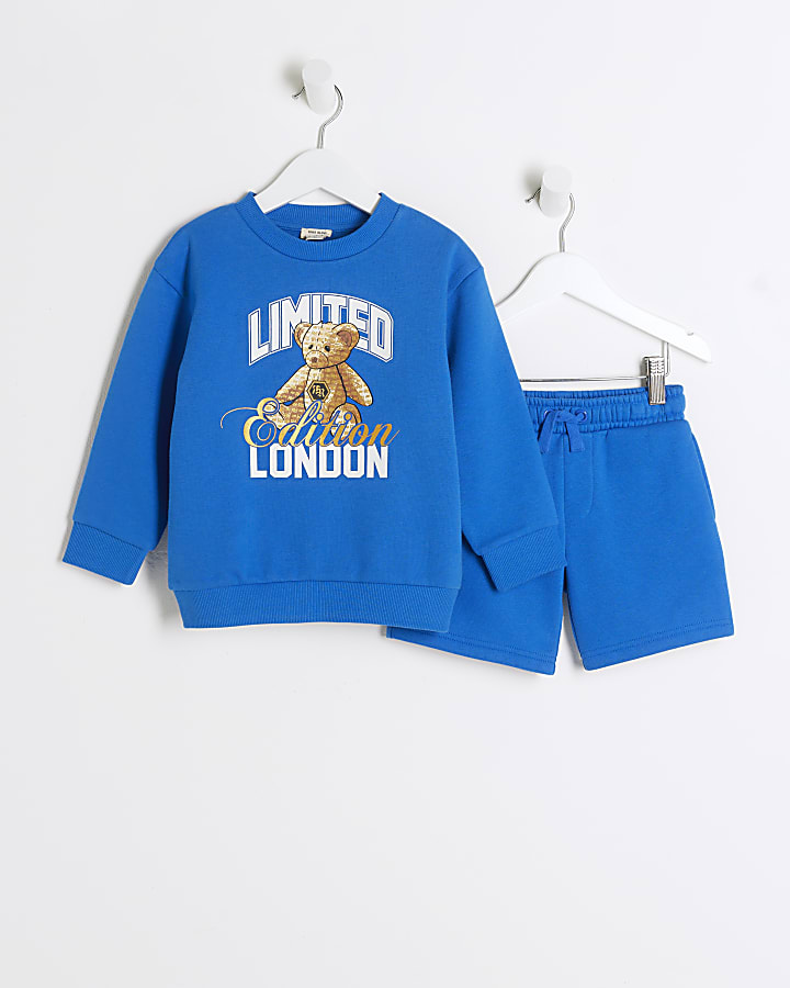 Mini boys blue bear sweatshirt and shorts set