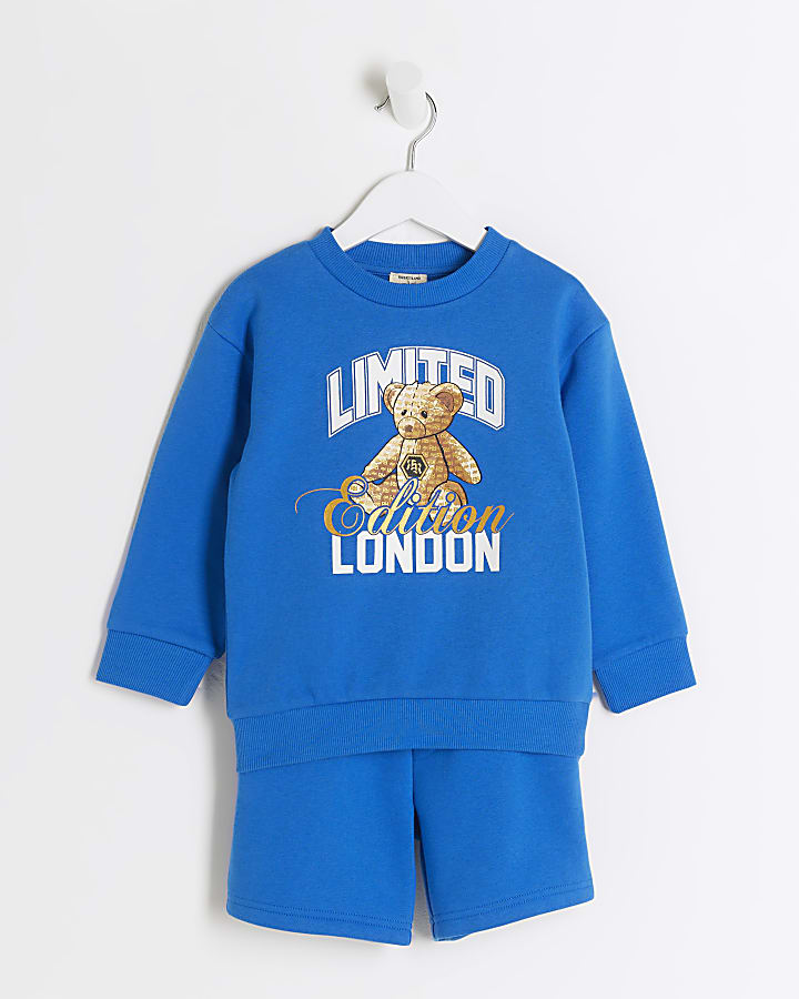 Mini boys blue bear sweatshirt and shorts set