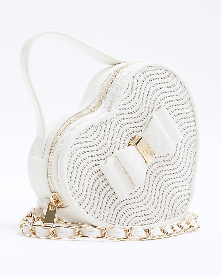 Girls white raffia heart cross body bag