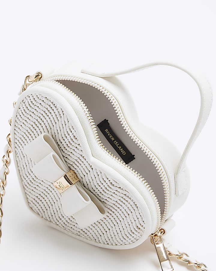 Girls white raffia heart cross body bag