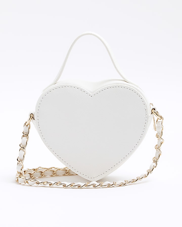 Girls white raffia heart cross body bag