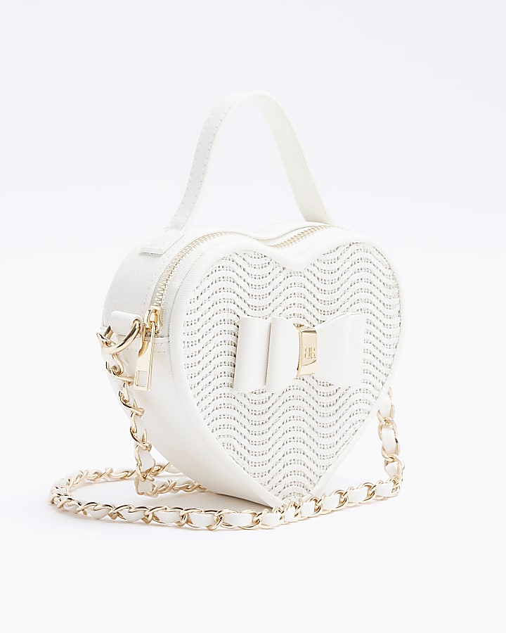 Girls white raffia heart cross body bag