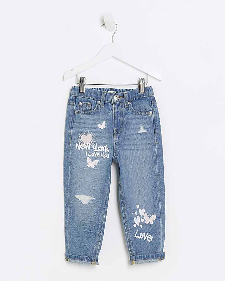 Mini girls blue graffiti ripped mom jeans