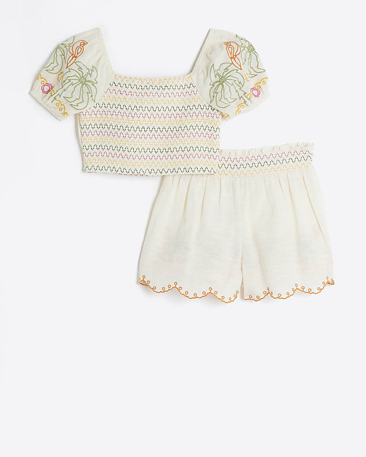 Girls Cream Embroidered Beach Set