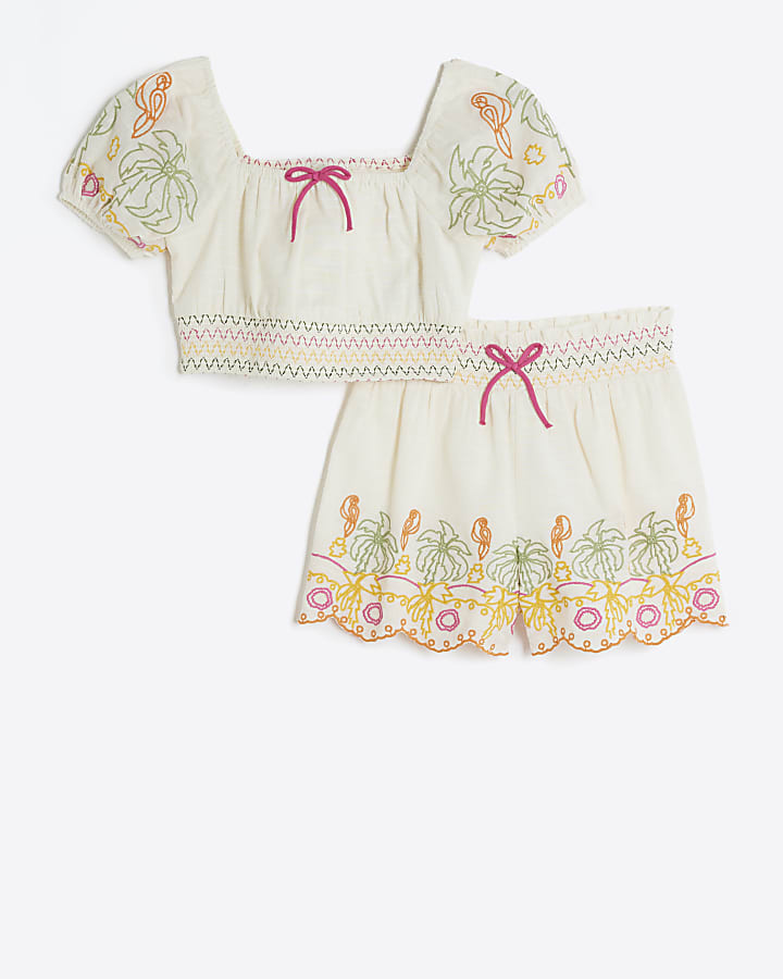 Girls Cream Embroidered Beach Set